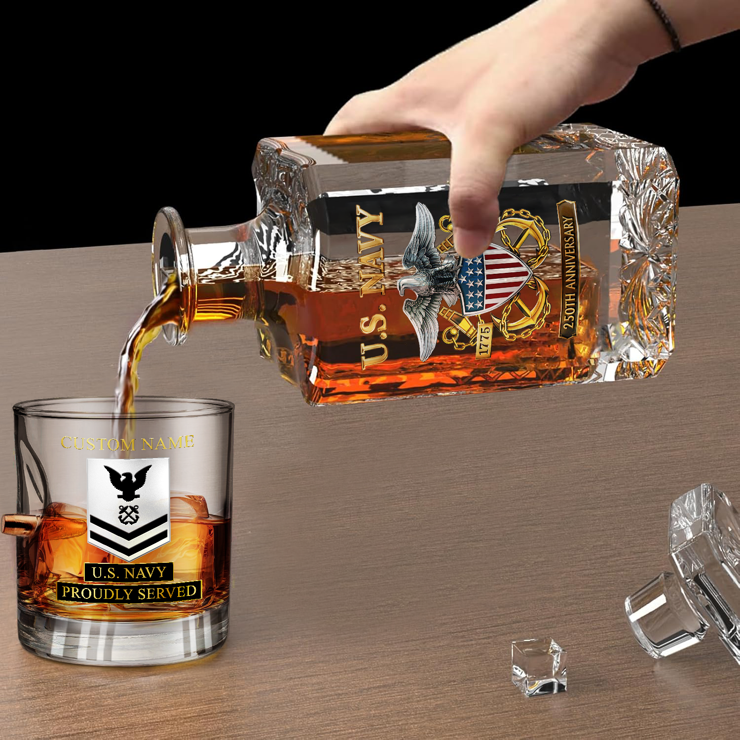 Personalizable Navy 250th Anniversary Bullet Whiskey Glass & Decanter Set