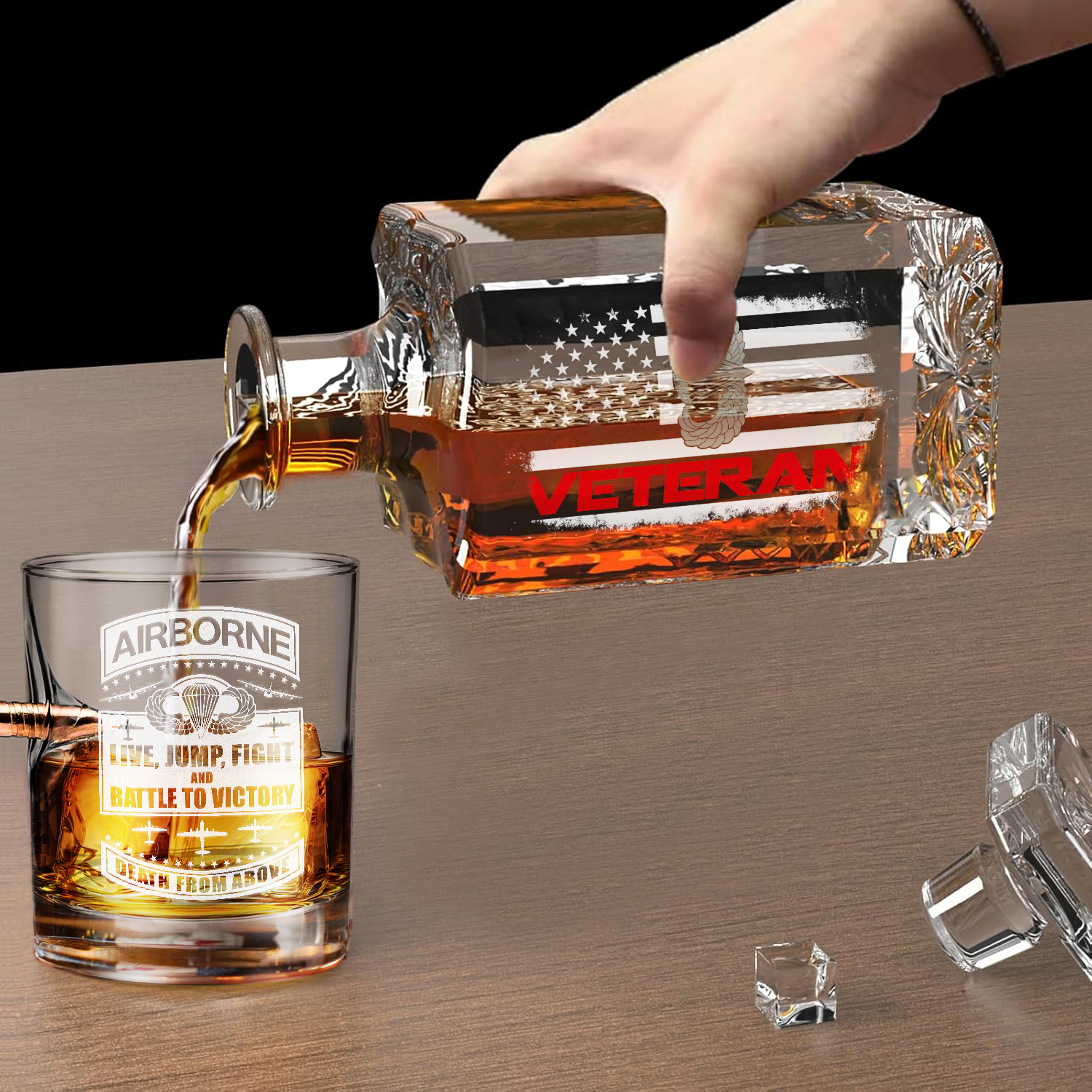 Airborne Veteran Set of 1 Bullet Whiskey Glass & Decanter (x1 Coaster Gift)