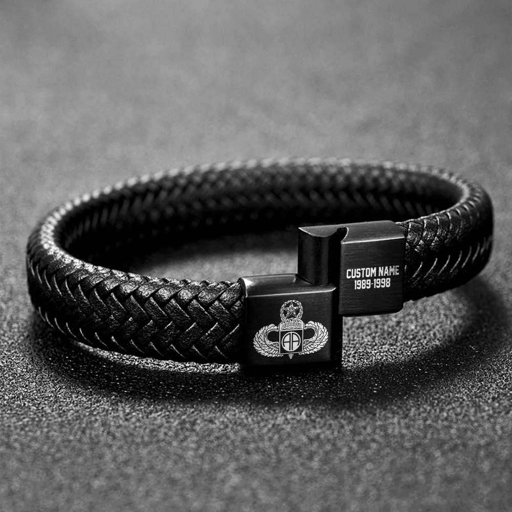 Personalizable 82nd Airborne Division Engraved Braided Leather Bracelet