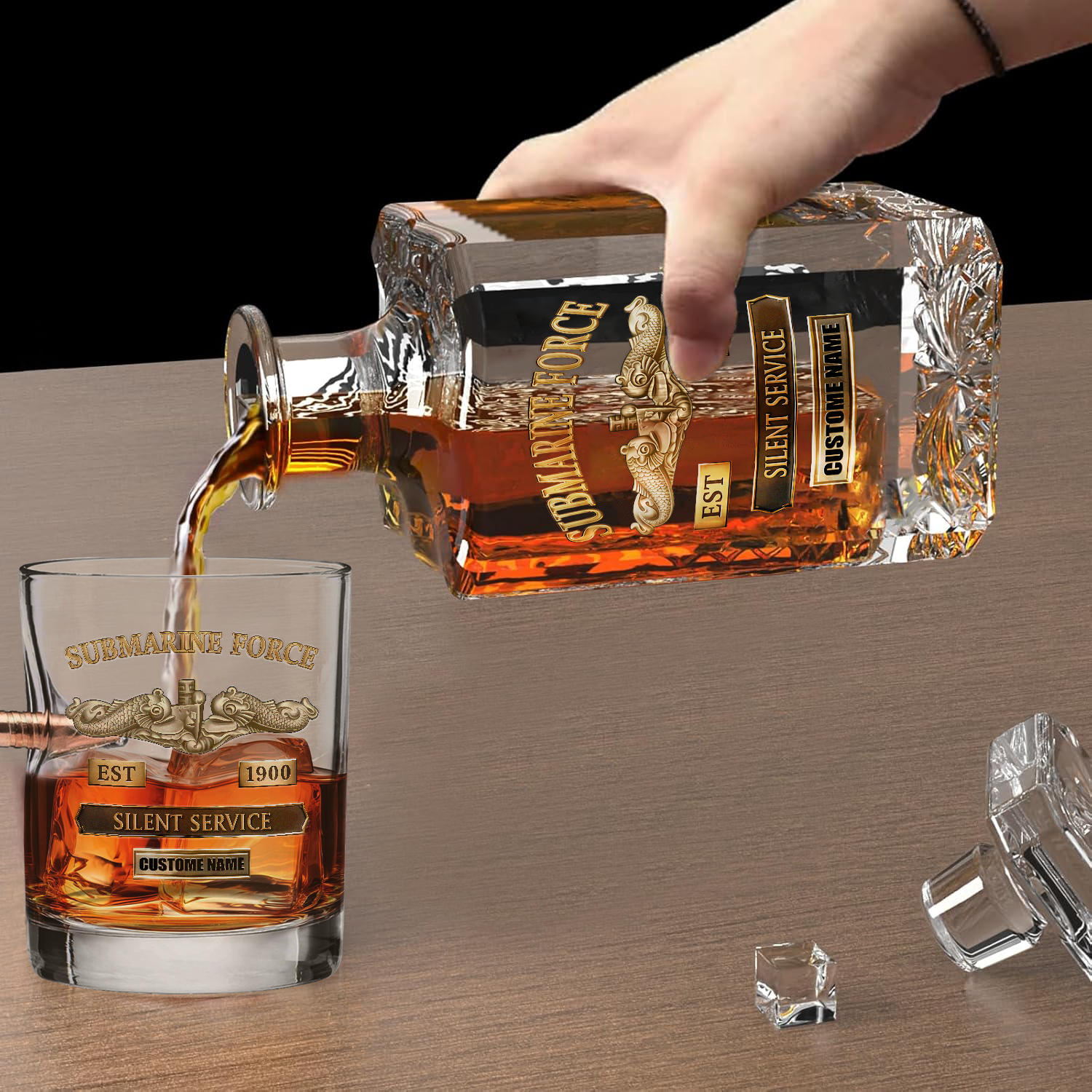 Personalizable Navy Submarine Bullet Whiskey Glass & Decanter Set