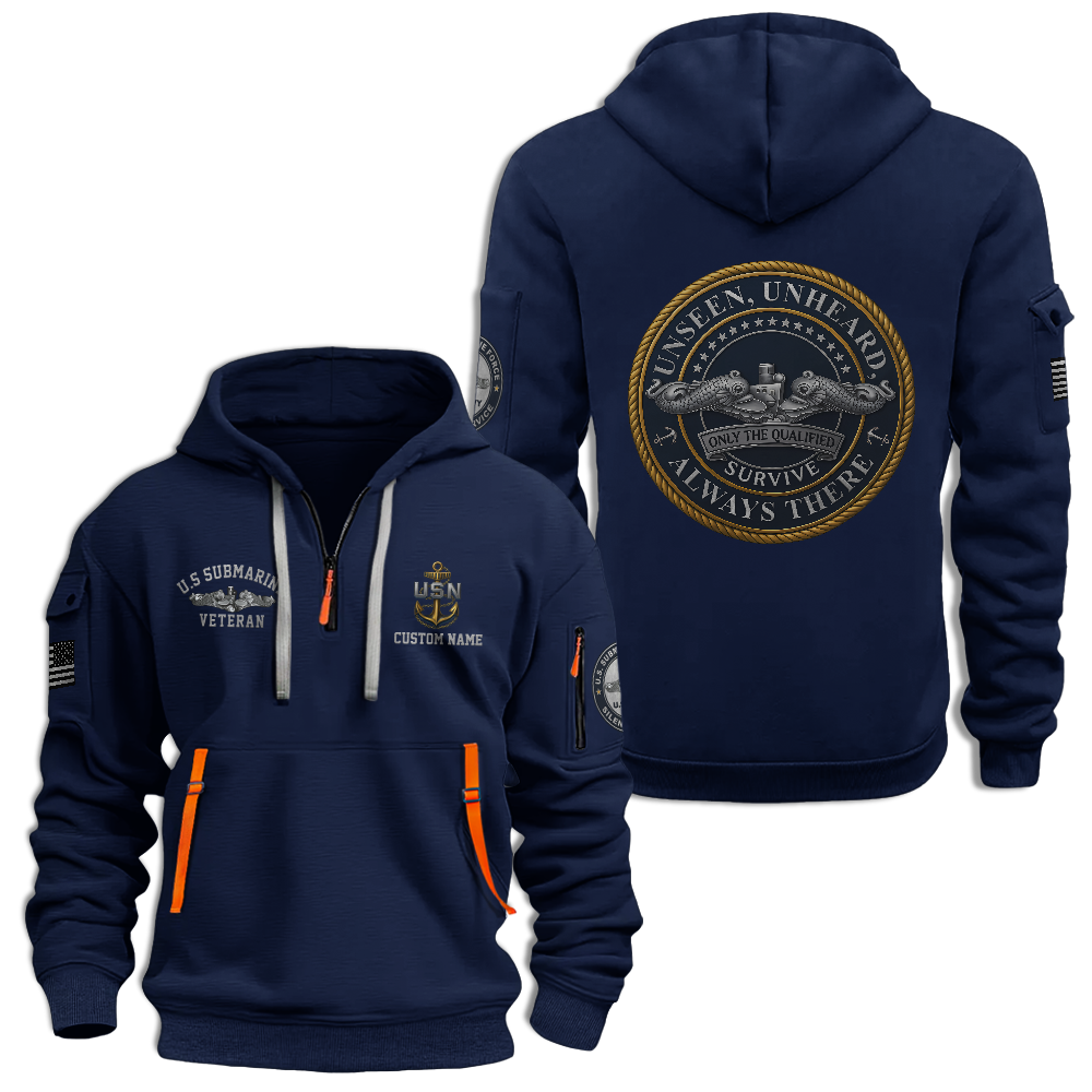 Personalizable Navy Submarine Unseen Unheard Quarter Zip Hoodie