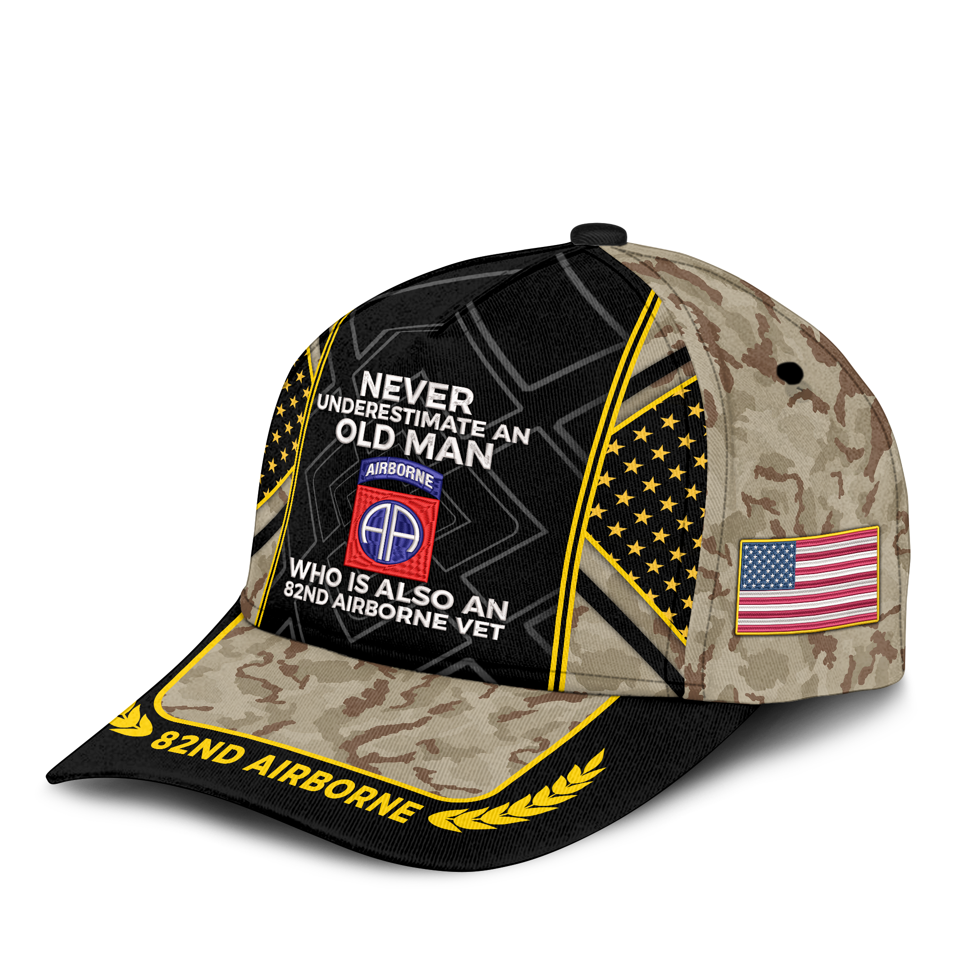 Never Underestimate An Old Man Who Is Also An 82nd Airborne Vet Embroidered & Printed Cap