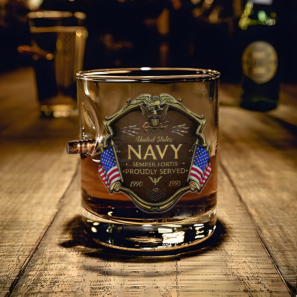 Personalizable Navy Proudly Served Bullet Whiskey Glass