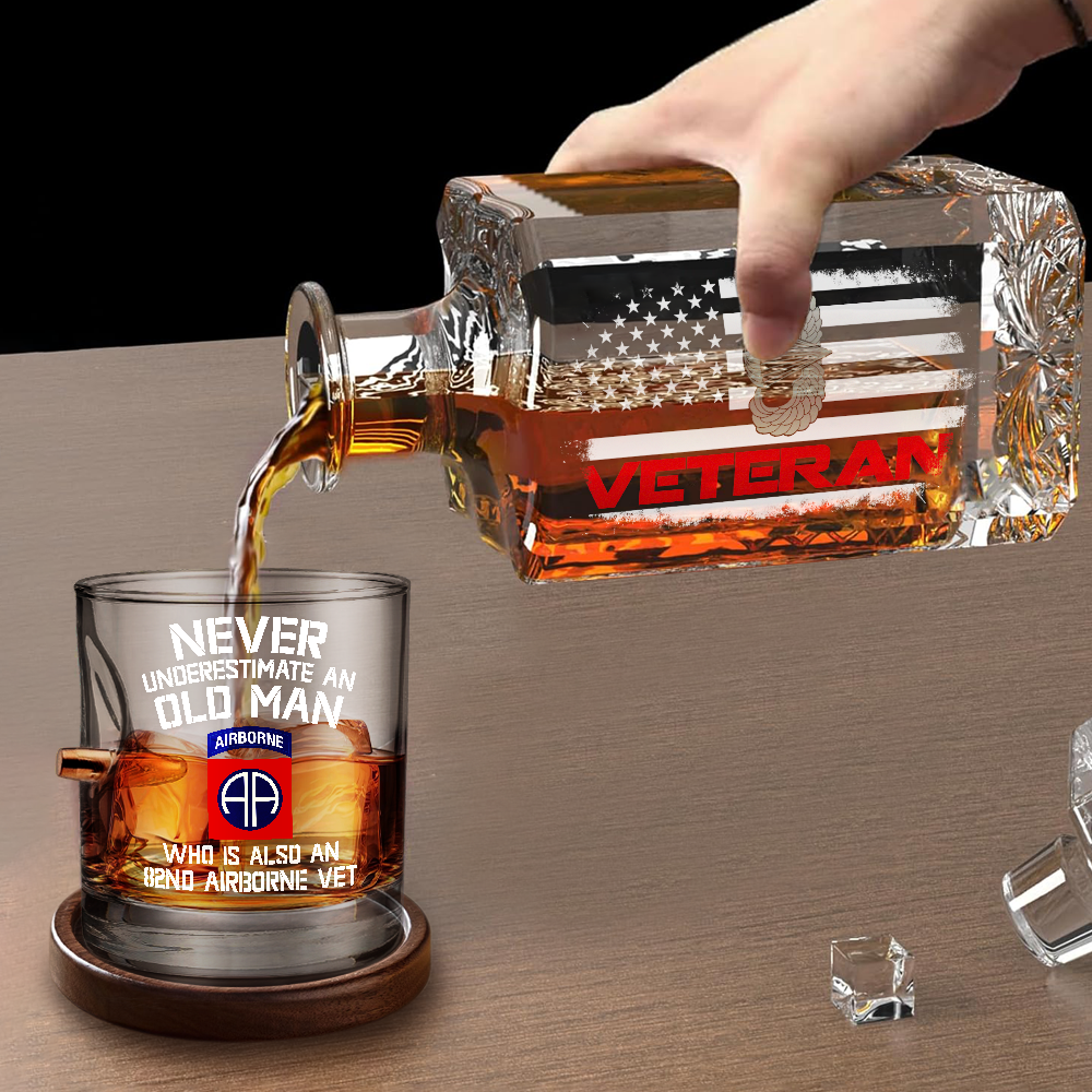 Airborne Veteran Set of 1 Bullet Whiskey Glass & Decanter (x1 Coaster Gift)