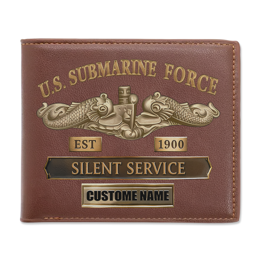 Personalizable Navy Submarine Leather Wallet & Stainless Steel Watch Bundle