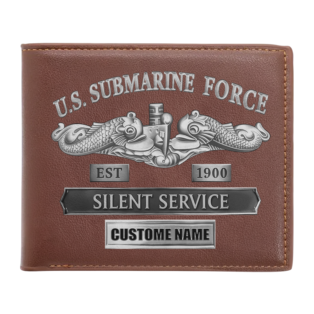 Personalizable Navy Submarine Leather Wallet & Stainless Steel Watch Bundle