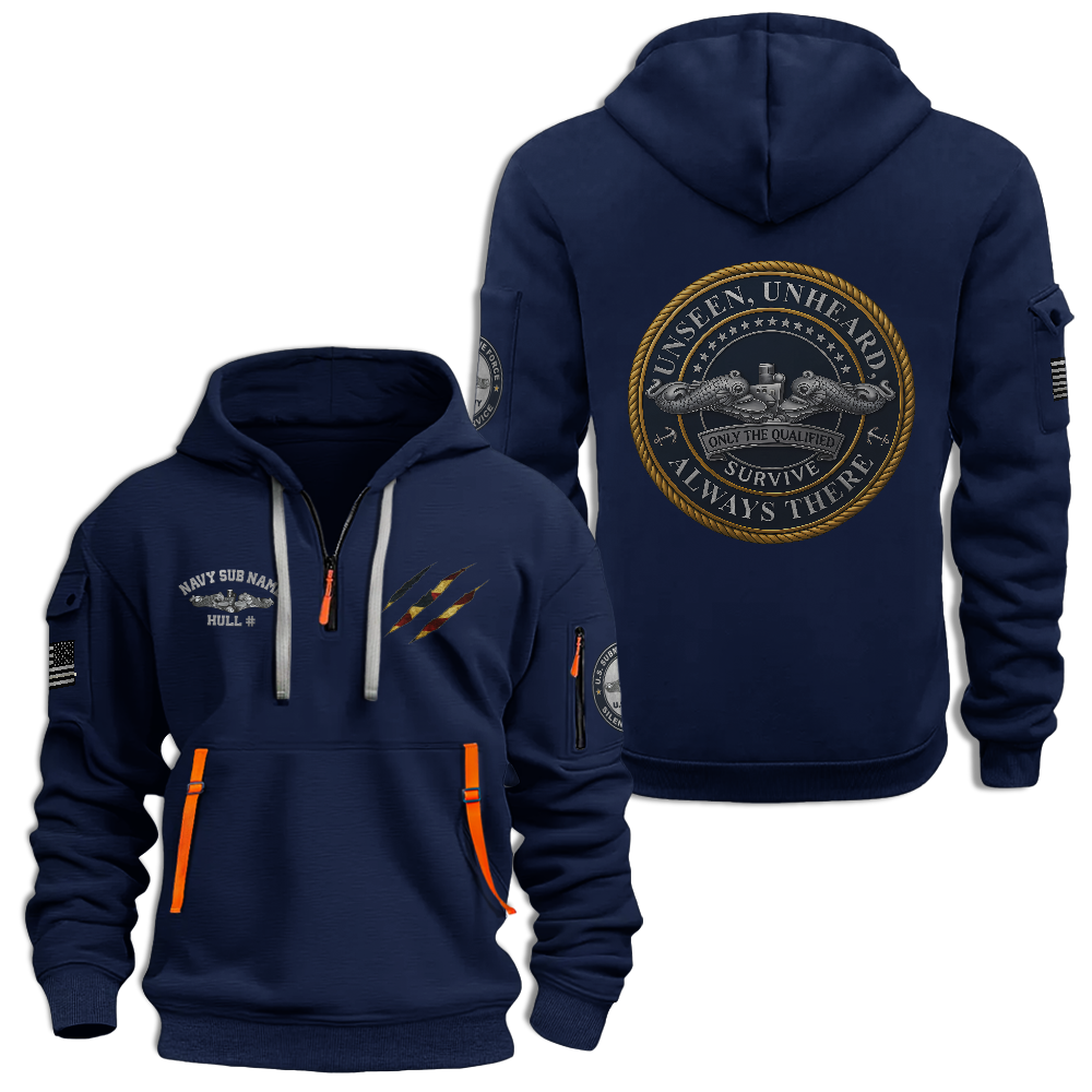 Personalizable Navy Submarine Unseen Unheard Quarter Zip Hoodie