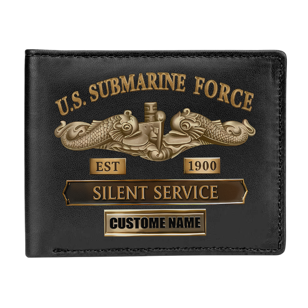 Personalizable Navy Submarine Leather Wallet & Stainless Steel Watch Bundle