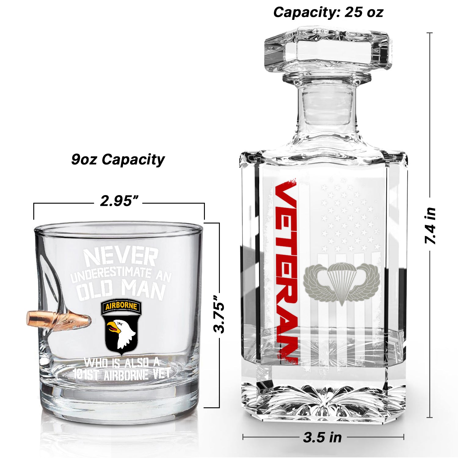 101st Airborne Veteran Set of 1 Bullet Whiskey Glass & Decanter (x1 Coaster Gift)