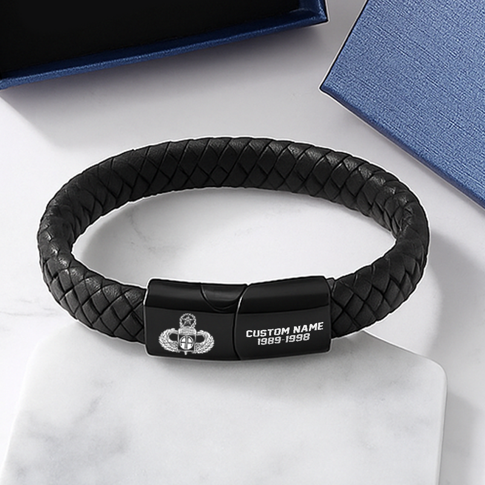 Personalizable 82nd Airborne Division Engraved Braided Leather Bracelet