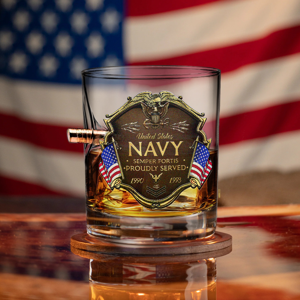 Personalizable Navy Proudly Served Bullet Whiskey Glass