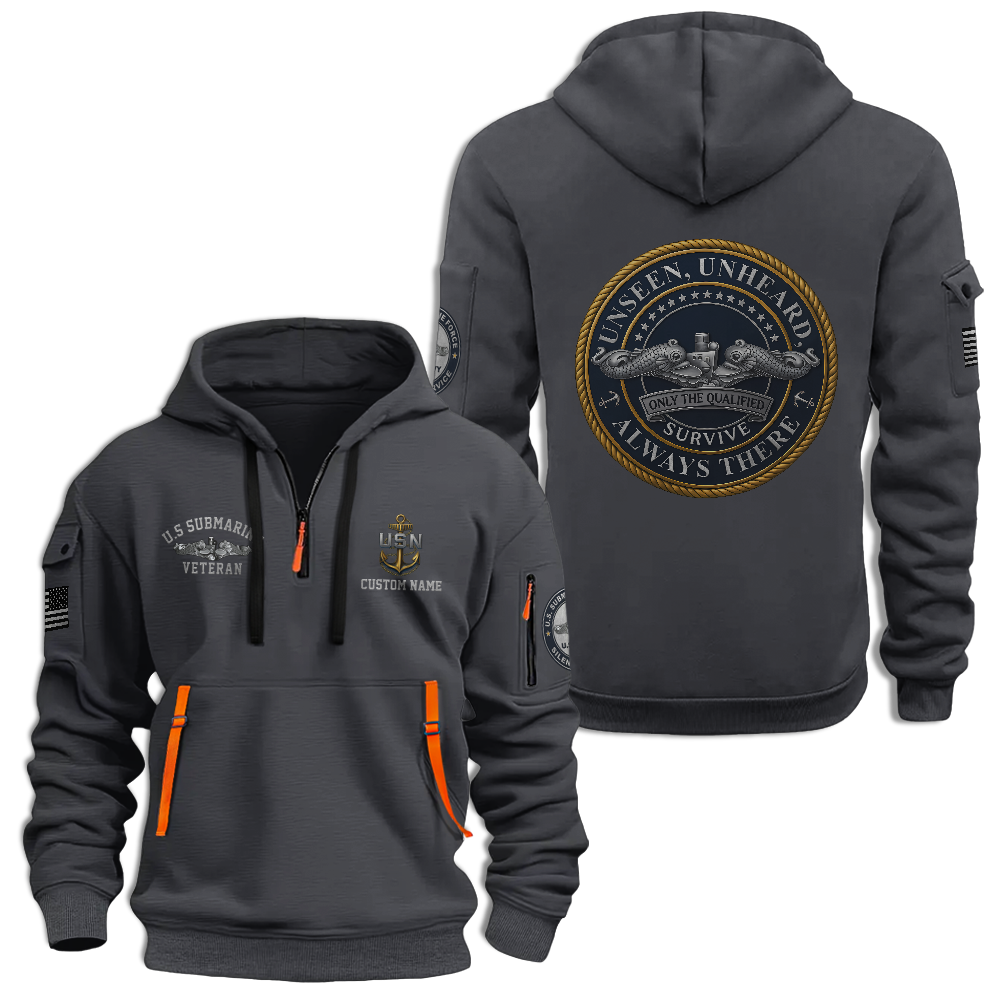 Personalizable Navy Submarine Unseen Unheard Quarter Zip Hoodie