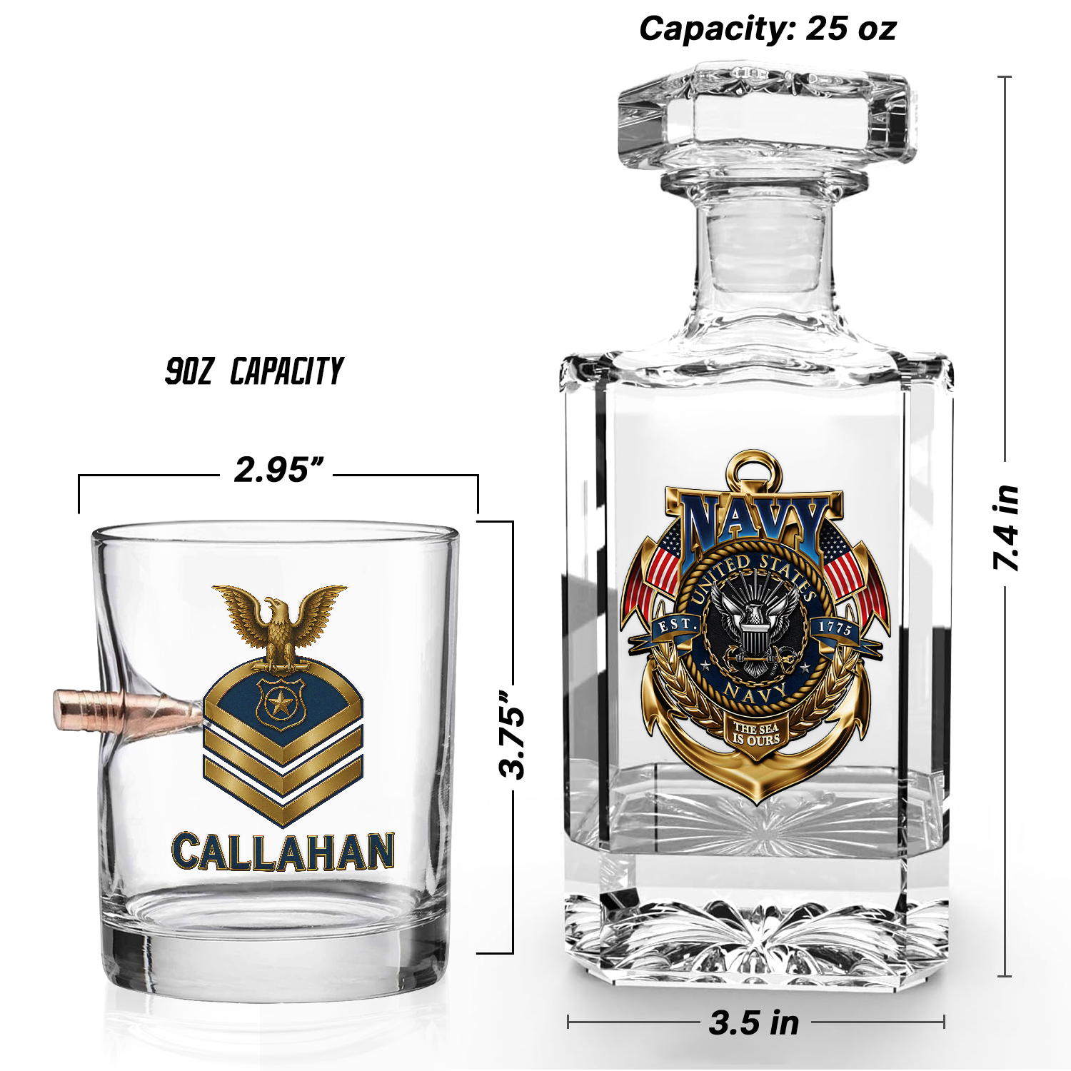 Personalizable Navy Submarine Bullet Whiskey Glass & Decanter Set