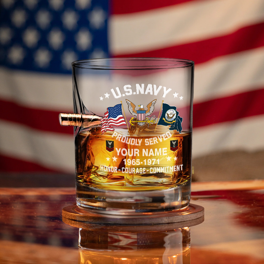 Personalizable Navy Honor Courage Commitment Bullet Whiskey Glass