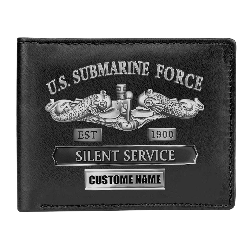 Personalizable Navy Submarine Leather Wallet & Stainless Steel Watch Bundle