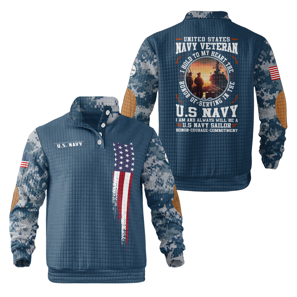 Navy Veteran Honor Courage Commitment Waffle Stand Collar Sweatshirt