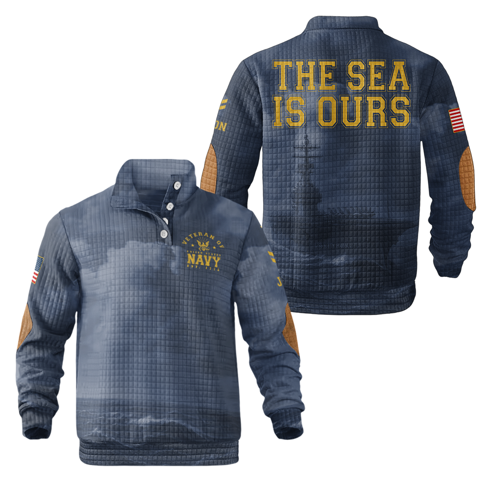 Personalizable Navy The Sea Is Ours Waffle Stand Collar Sweatshirt