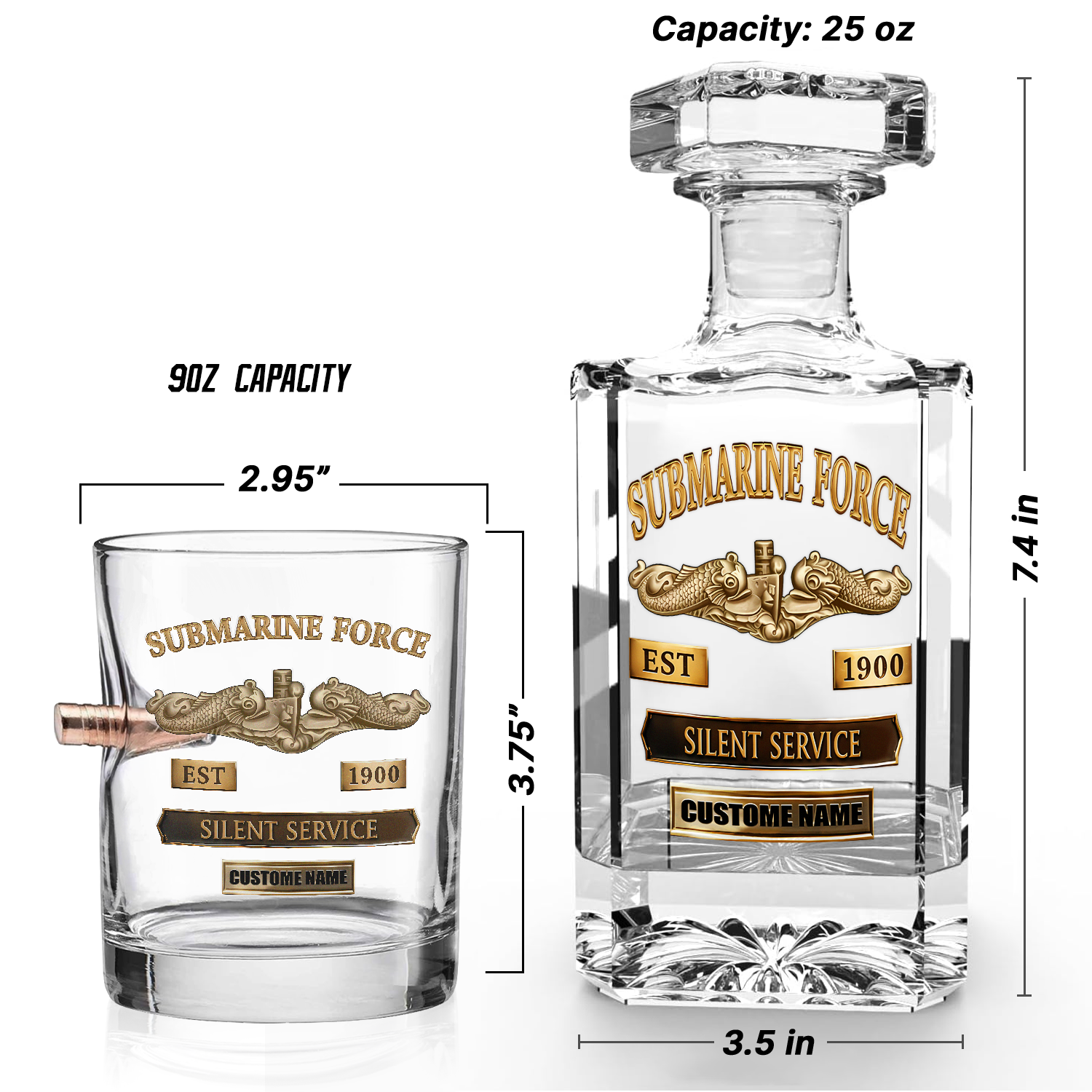 Personalizable Navy Submarine Bullet Whiskey Glass & Decanter Set
