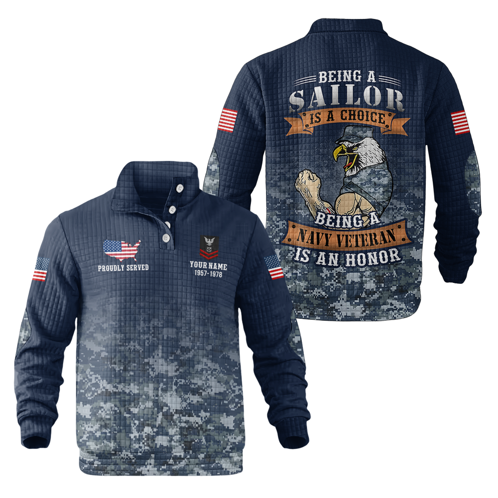 Personalizable Being A Navy Veteran Is An Honor Waffle Stand Collar Sweatshirt