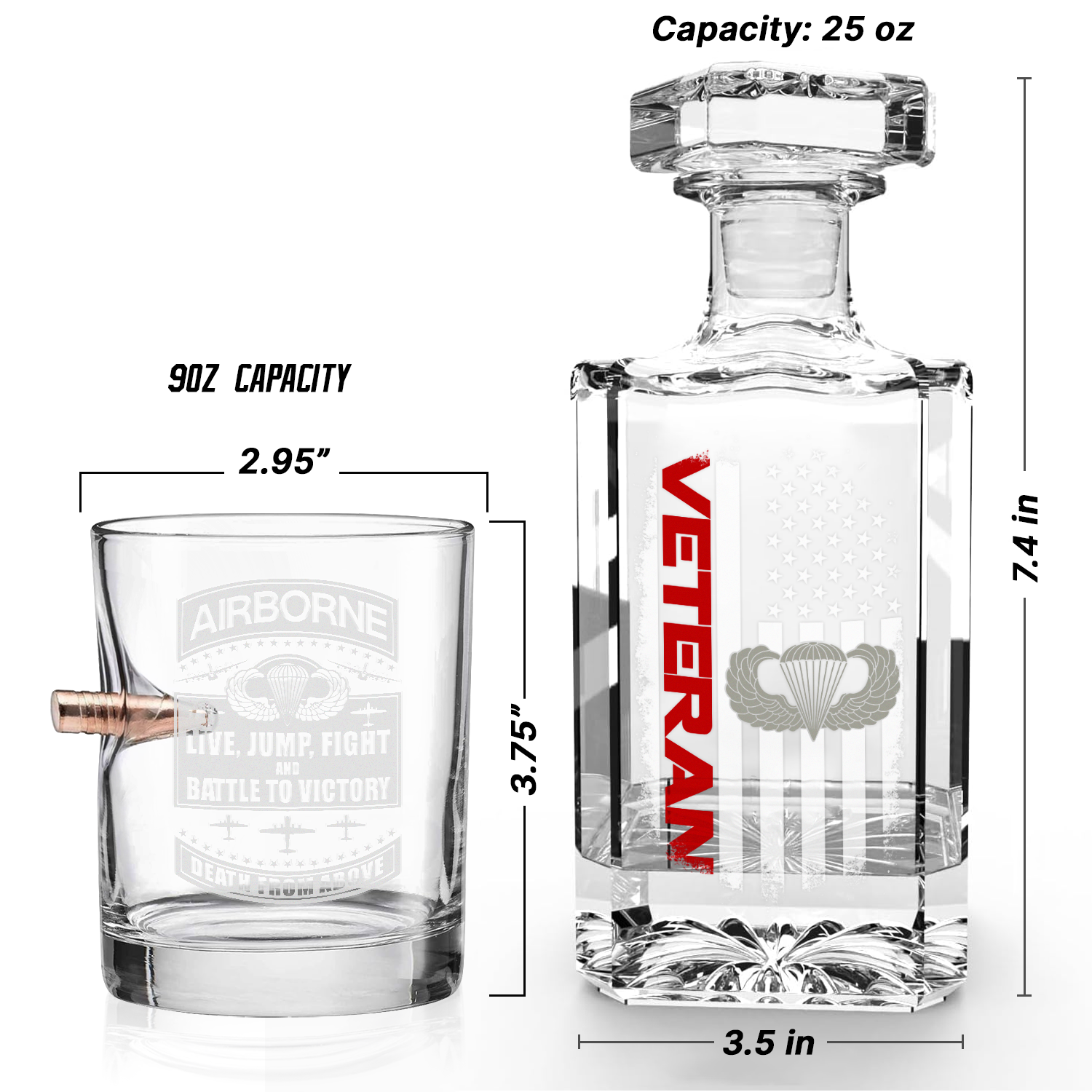 Airborne Veteran Set of 1 Bullet Whiskey Glass & Decanter (x1 Coaster Gift)