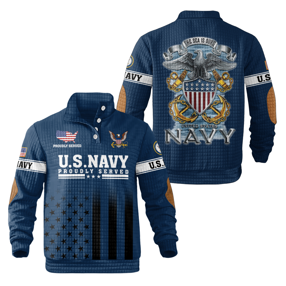 Navy The Sea Is Ours Waffle Stand Collar Sweatshirt