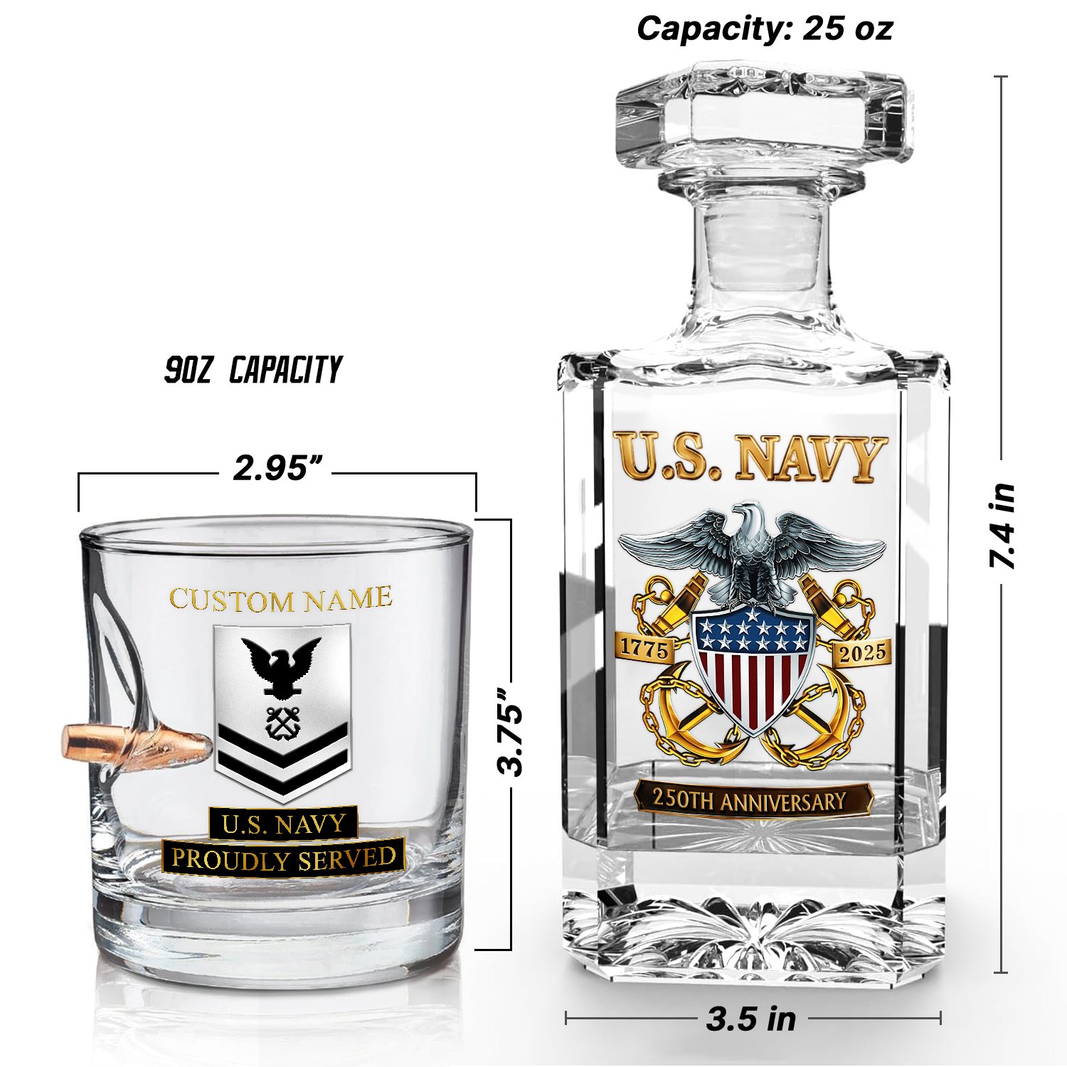 Personalizable Navy 250th Anniversary Bullet Whiskey Glass & Decanter Set