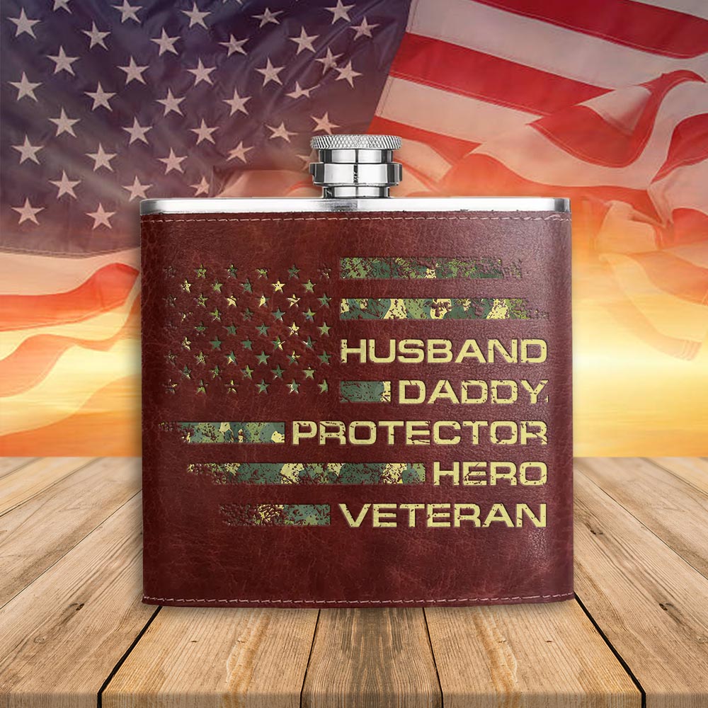 Husband Daddy Protector Hero Veteran Leather Flask