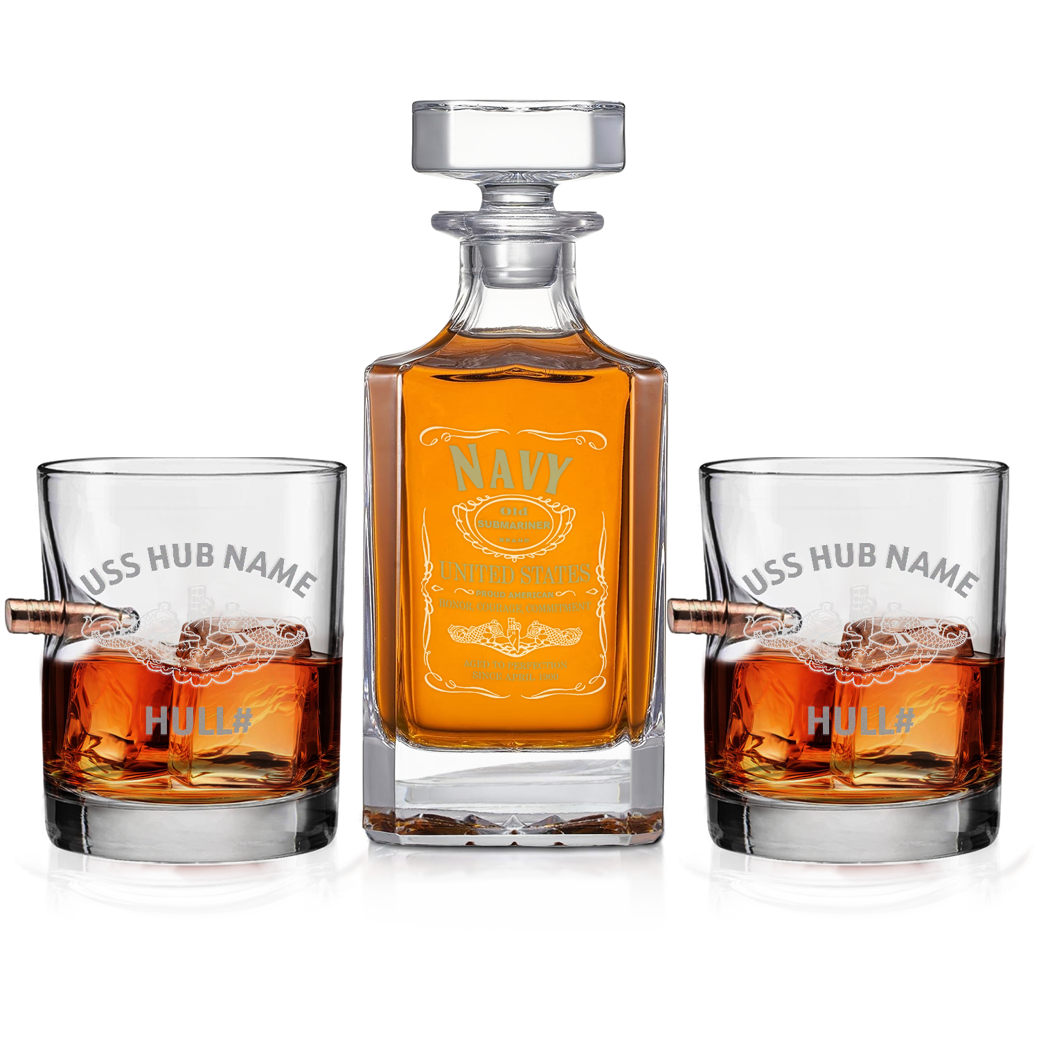 Personalizable Navy Submarine Bullet Whiskey Glass & Decanter Set