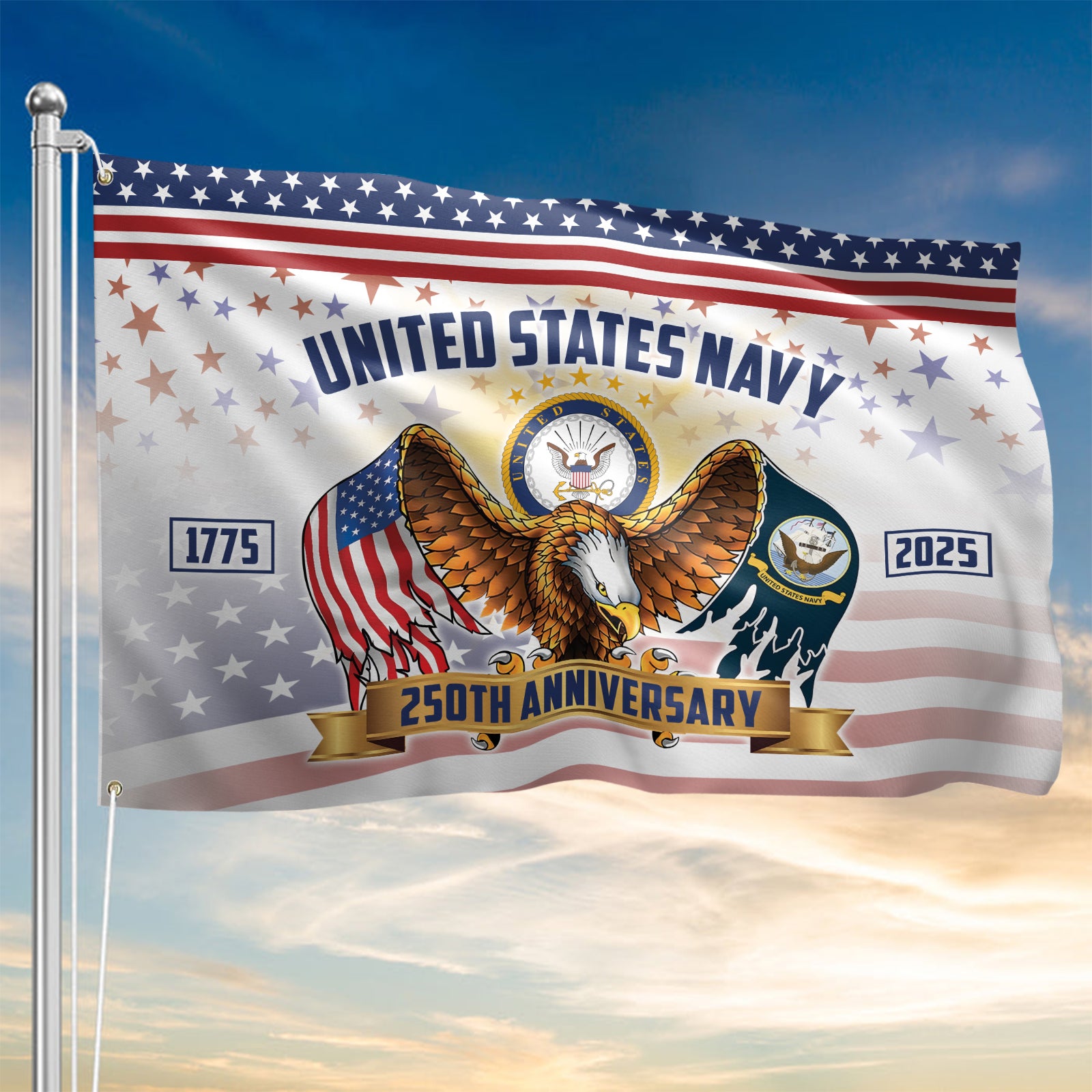 Navy 250th Anniversary House Flag With Flagpole Combo