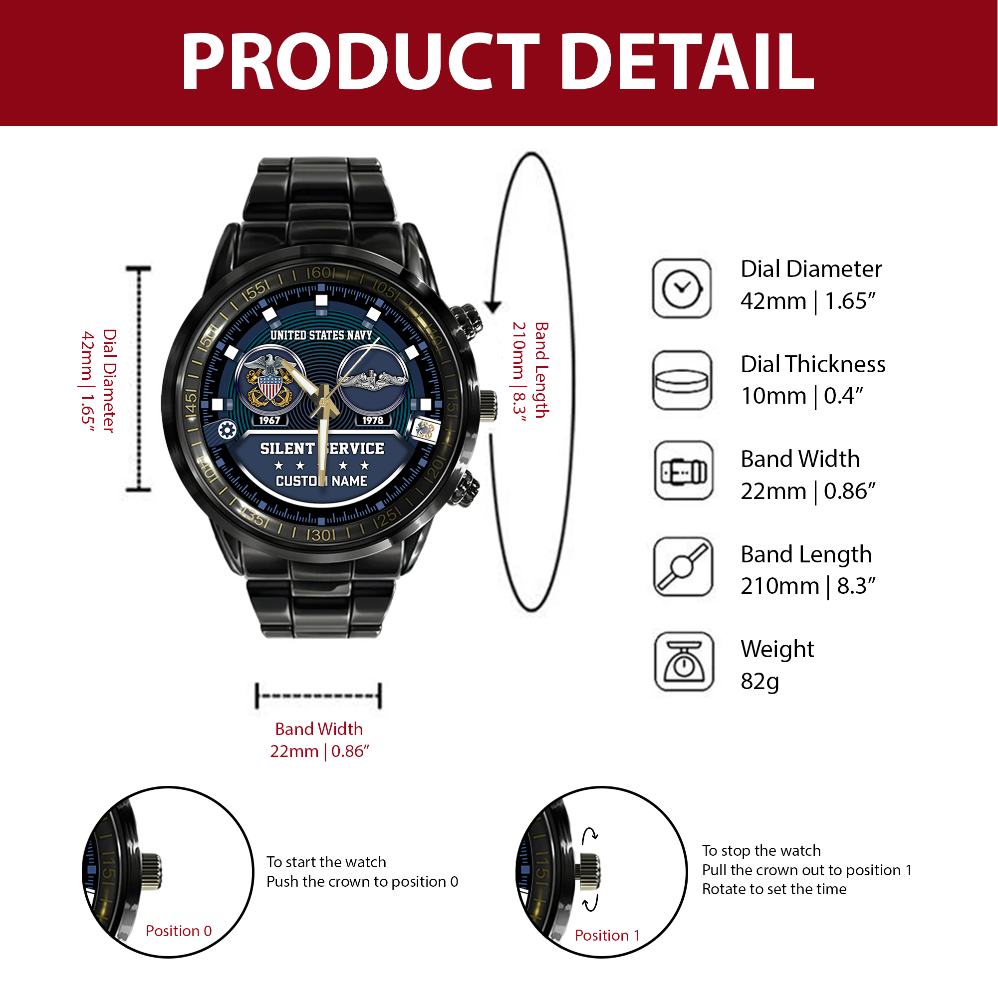 Personalizable Navy Submarine Stainless Steel Watch