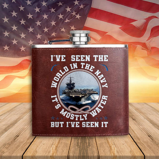 I've Seen The World In The Navy Leather Flask