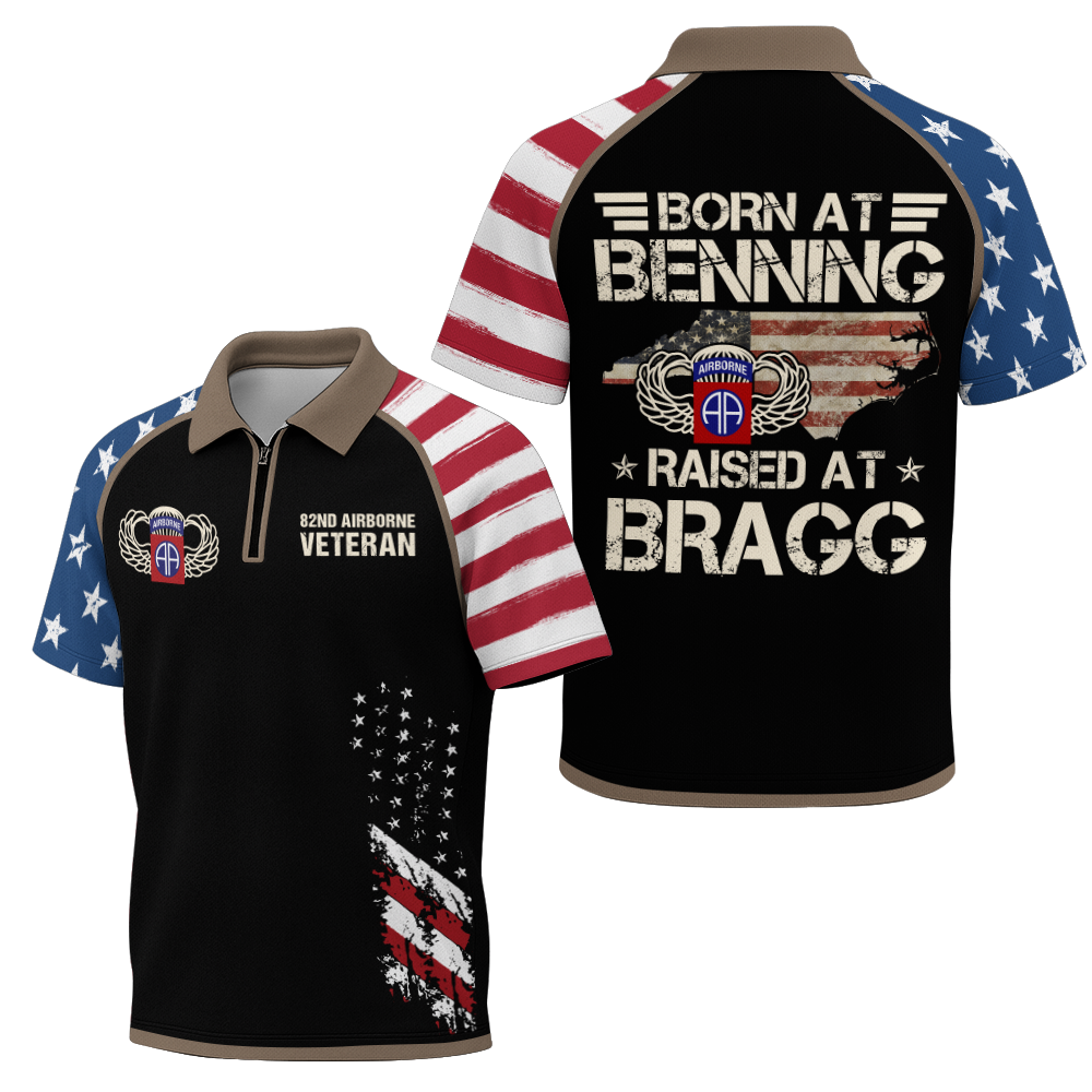 Airborne Born At Benning Raised At Bragg Raglan Zip Polo Shirt
