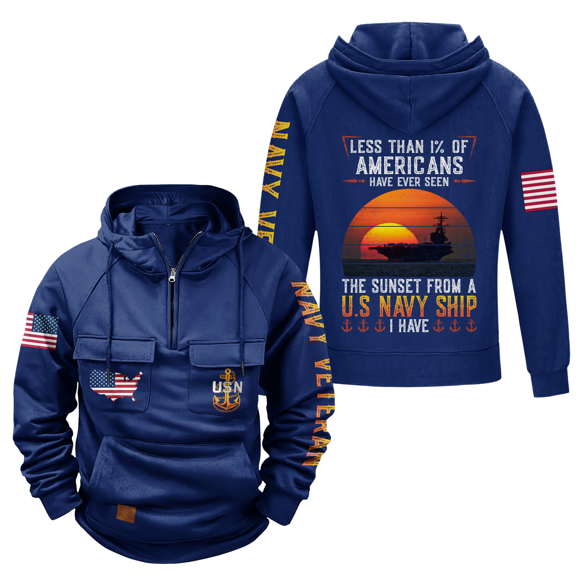 Less Than 1% Sunset Navy Ship Vintage Quarter Zip Hoodie