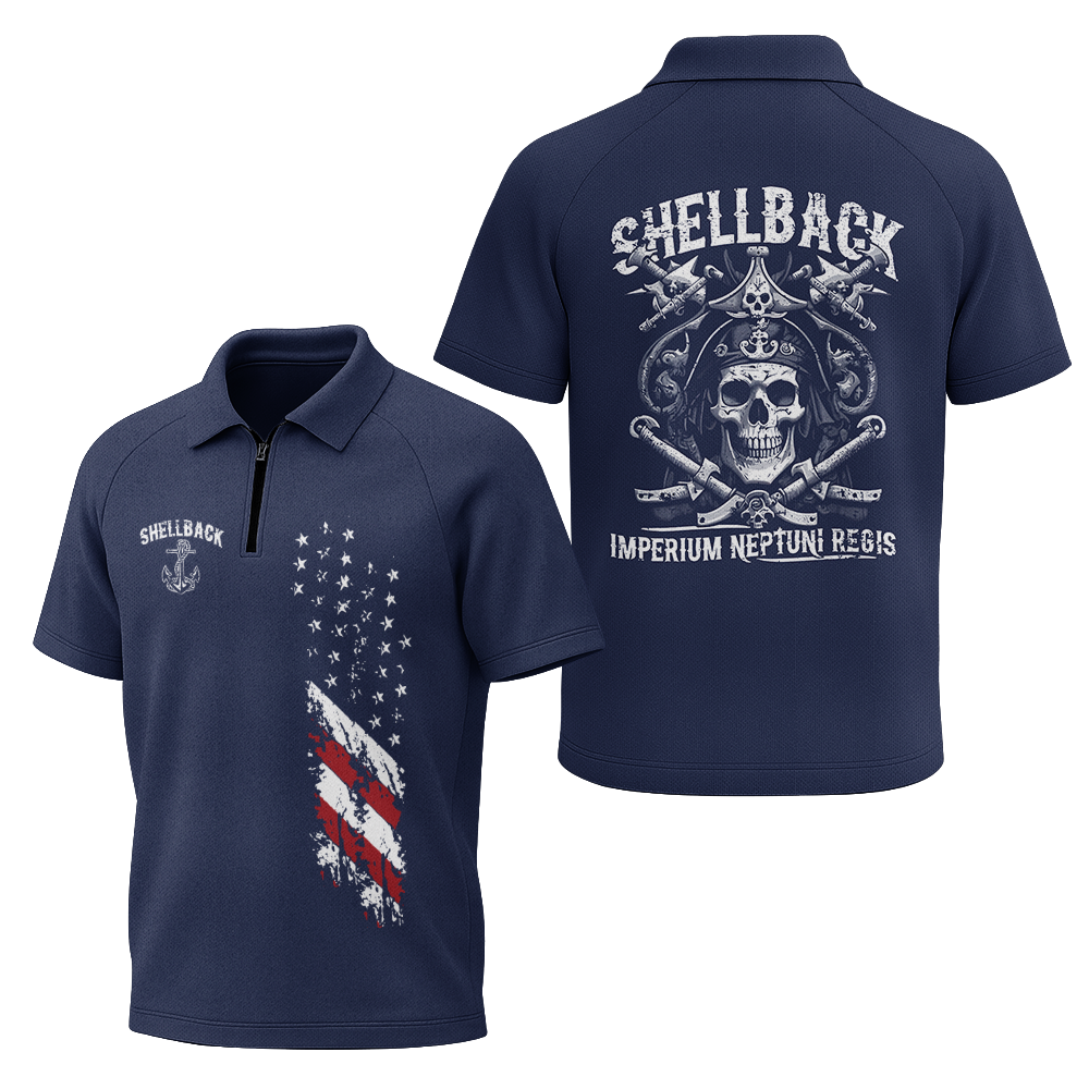 Navy Shellback Ancient Order Of The Deep Raglan Zip Polo Shirt