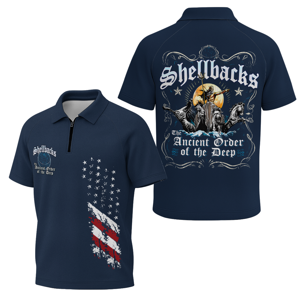 Navy Shellback Ancient Order Of The Deep Raglan Zip Polo Shirt