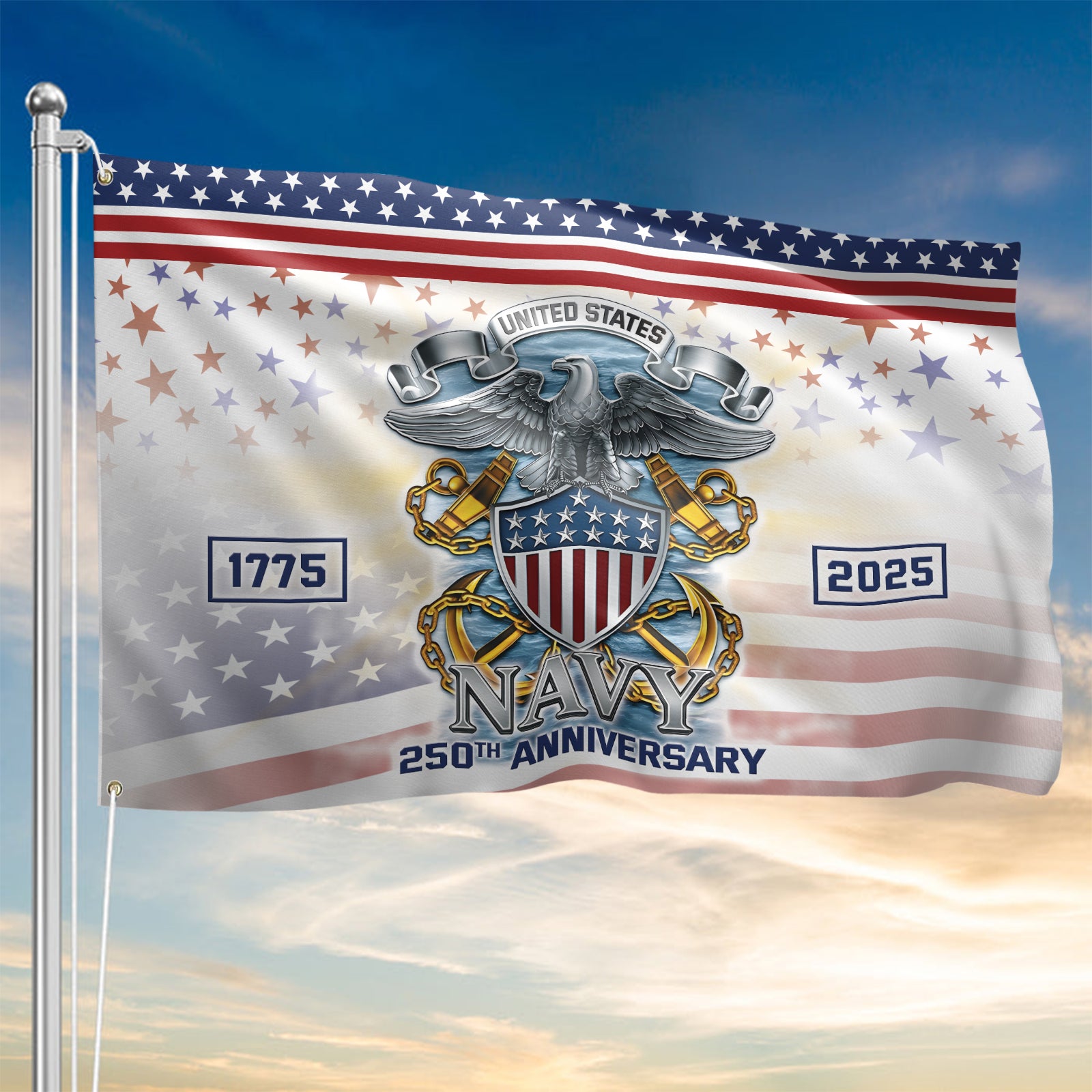 Navy 250th Anniversary House Flag With Flagpole Combo