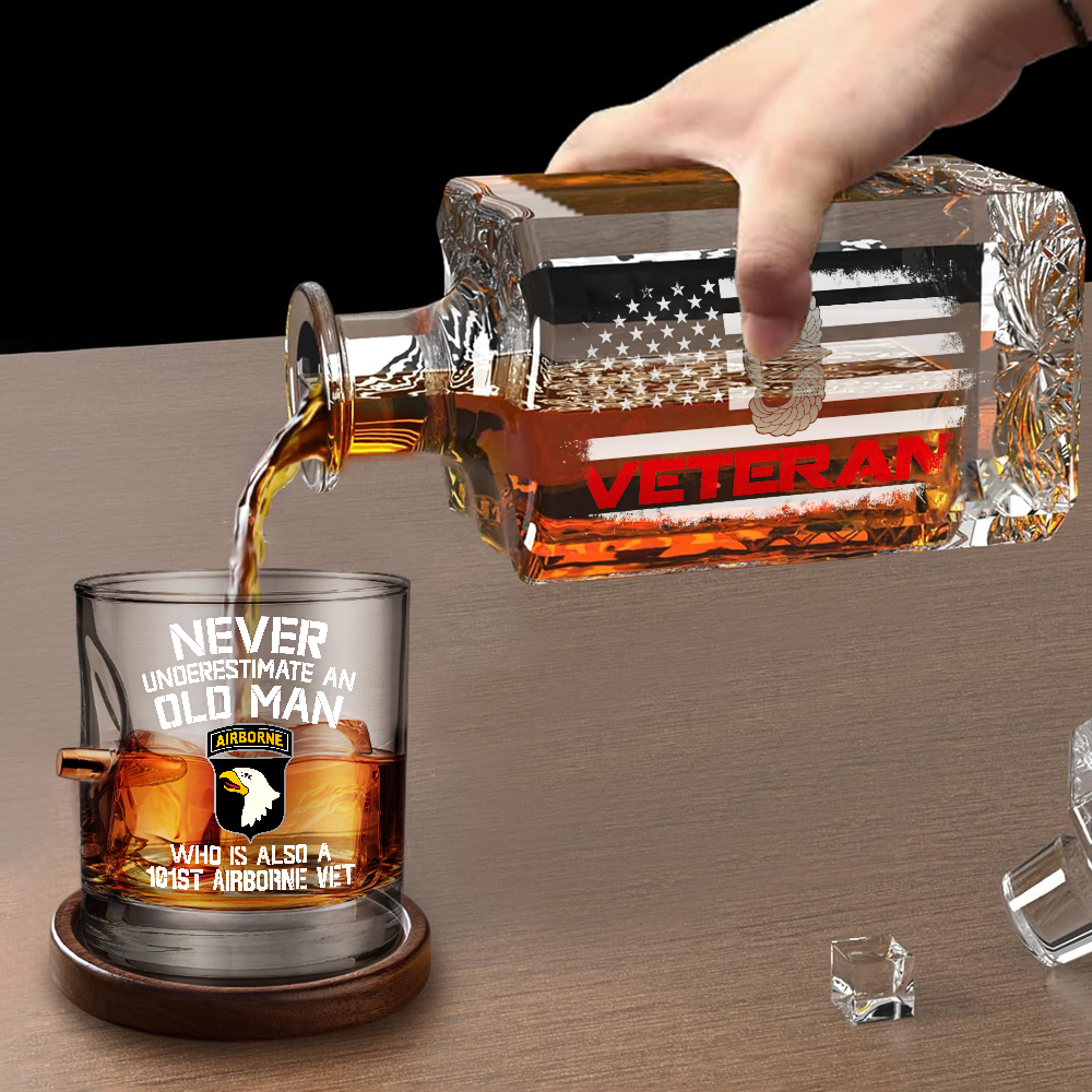 101st Airborne Veteran Set of 1 Bullet Whiskey Glass & Decanter (x1 Coaster Gift)
