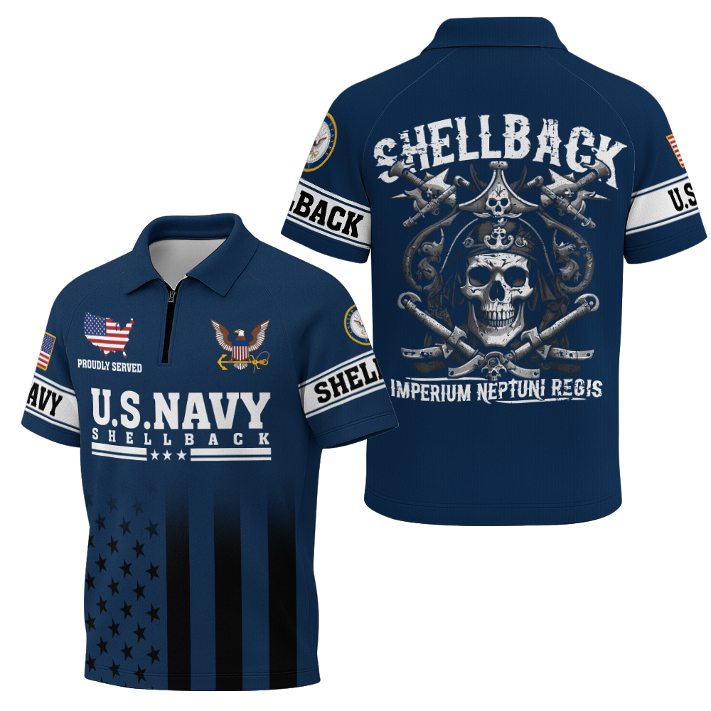 Navy Shellback Ancient Order Of The Deep Raglan Zip Polo Shirt