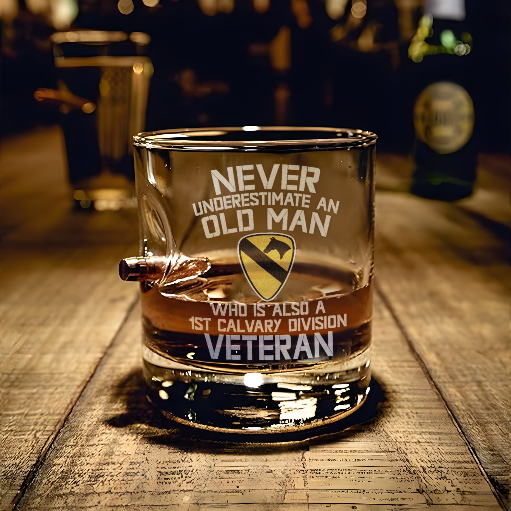 Never Underestimate An Old Man Who Is Also A 1st Calvary Division Veteran Bullet Whiskey Glass