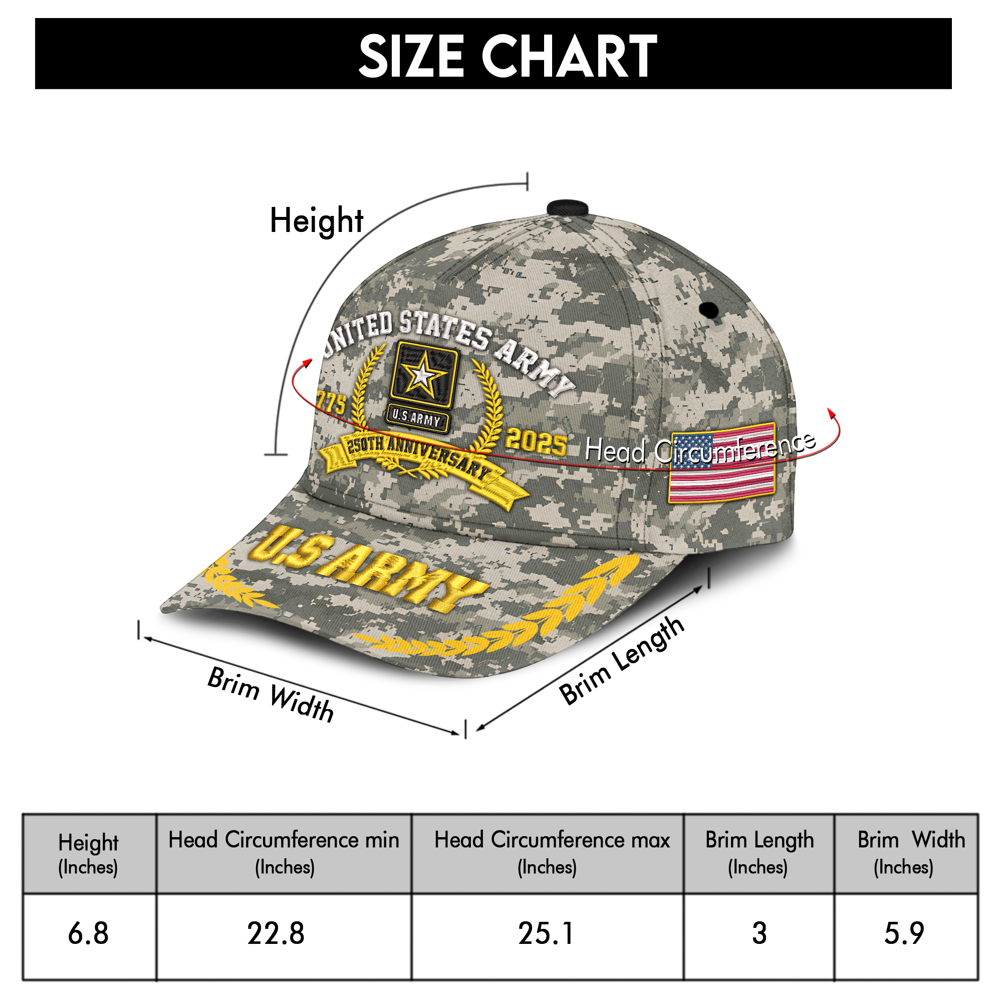 Army 250th Anniversary Embroidered & Printed Cap