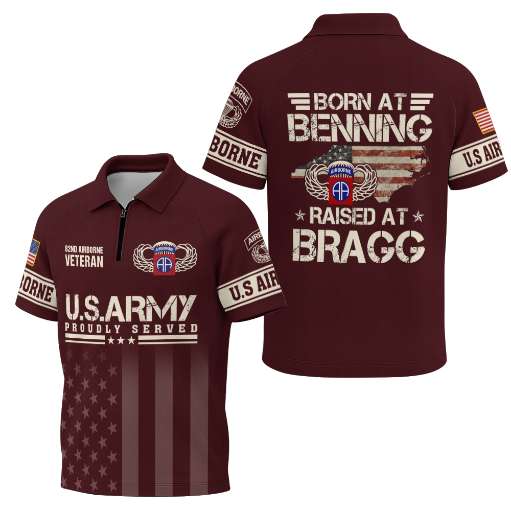 Airborne Born At Benning Raised At Bragg Raglan Zip Polo Shirt