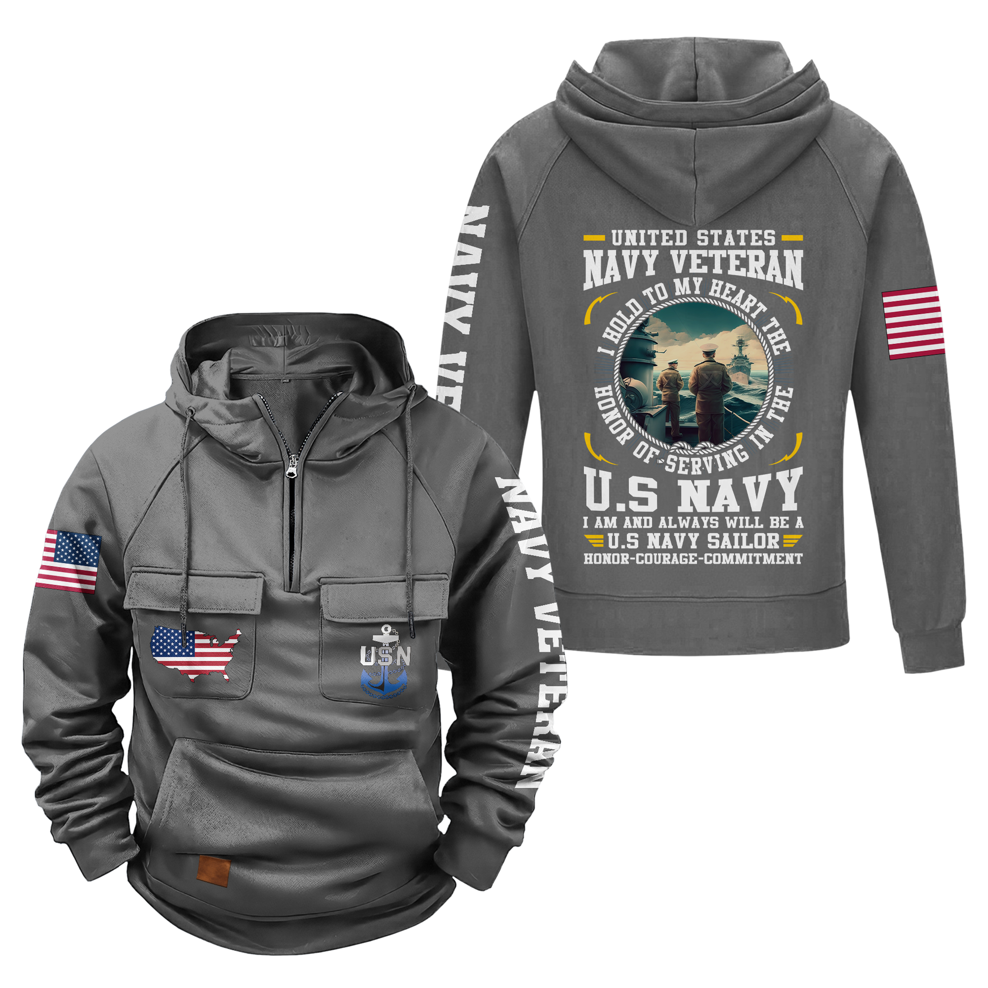 Navy Honor Courage Commitment Vintage Quarter Zip Hoodie