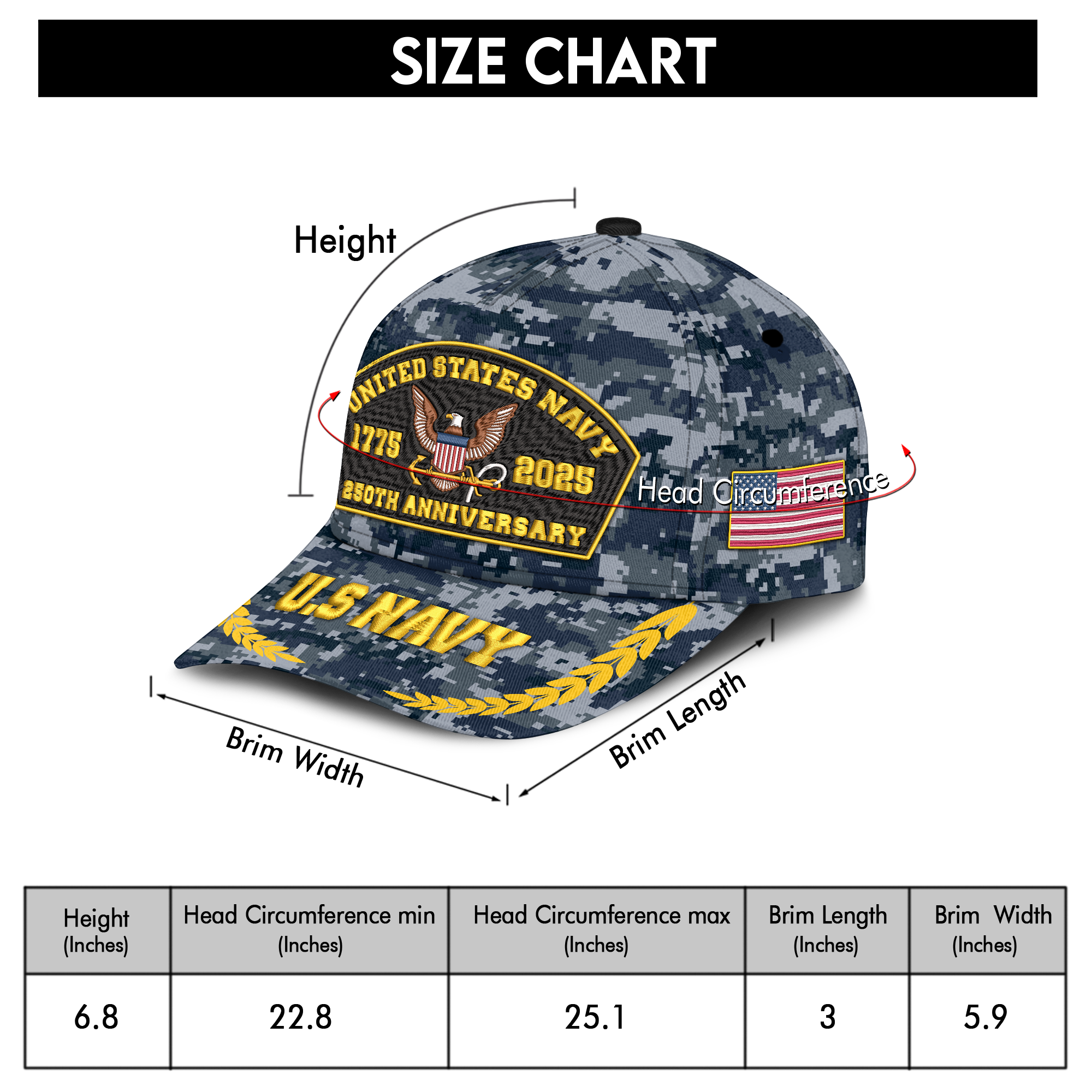 Navy 250th Anniversary Embroidered & Printed Cap