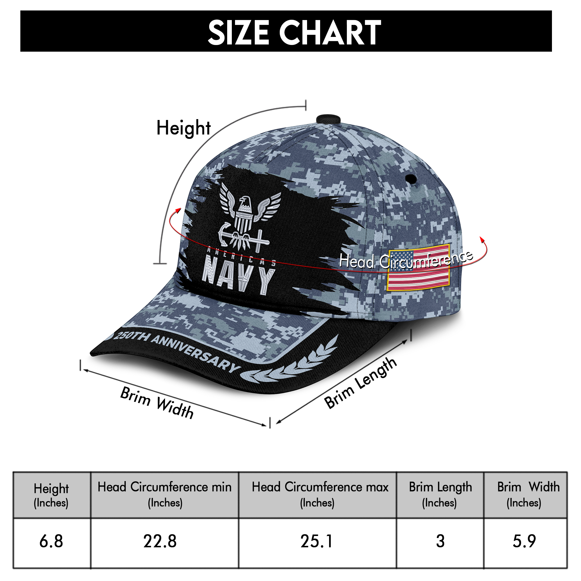 Navy 250th Anniversary Embroidered & Printed Cap