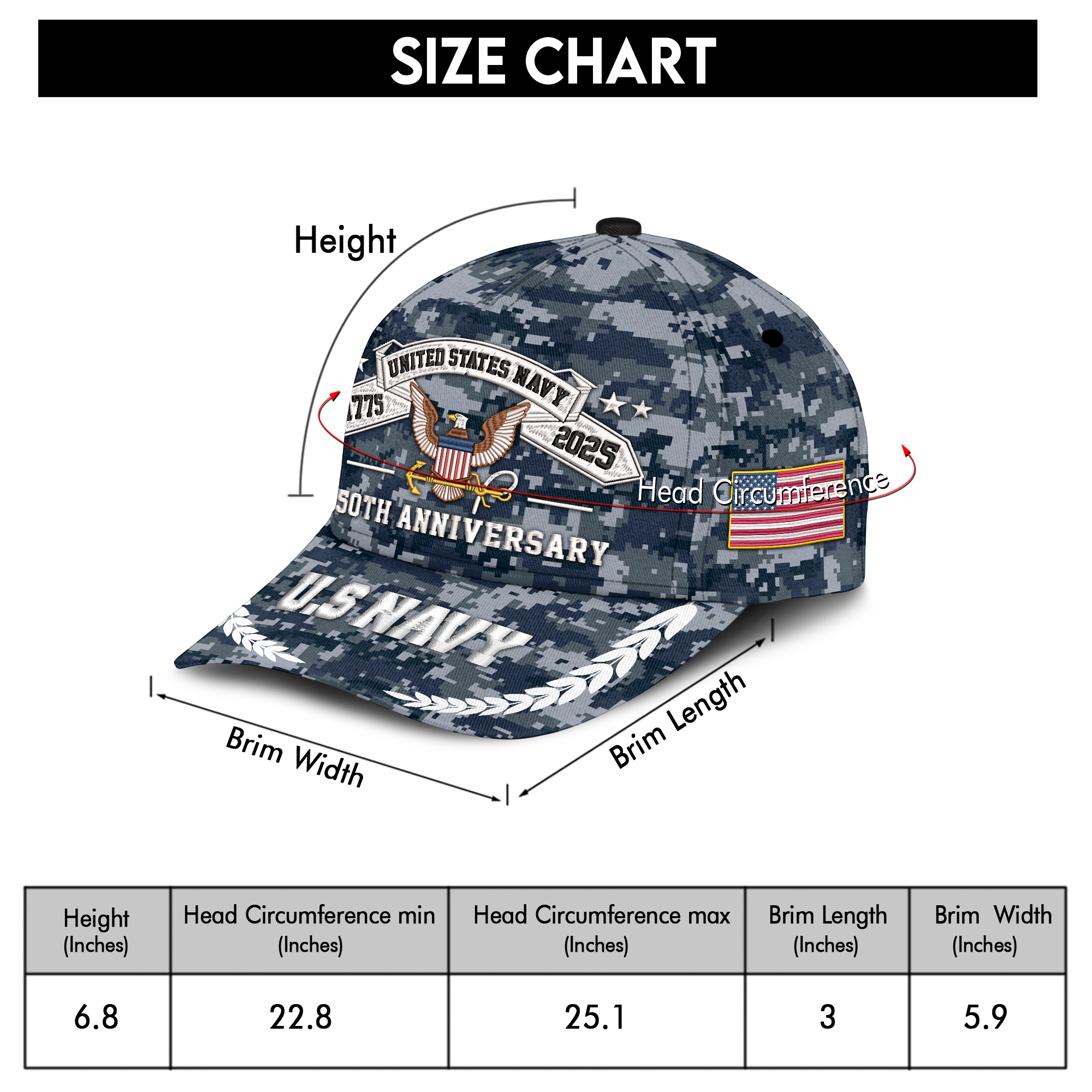 Navy 250th Anniversary Embroidered & Printed Cap
