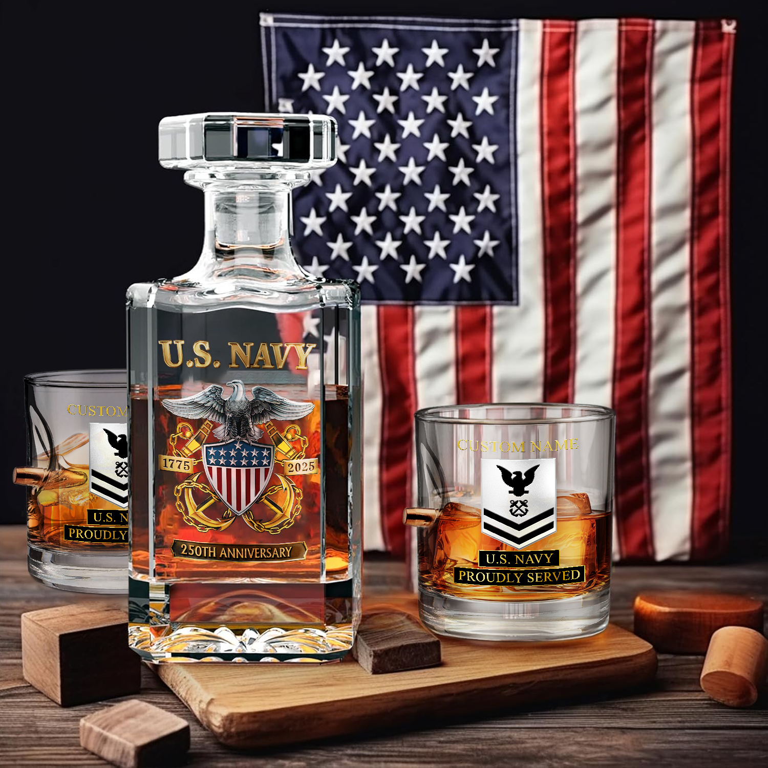 Personalizable Navy 250th Anniversary Bullet Whiskey Glass & Decanter Set