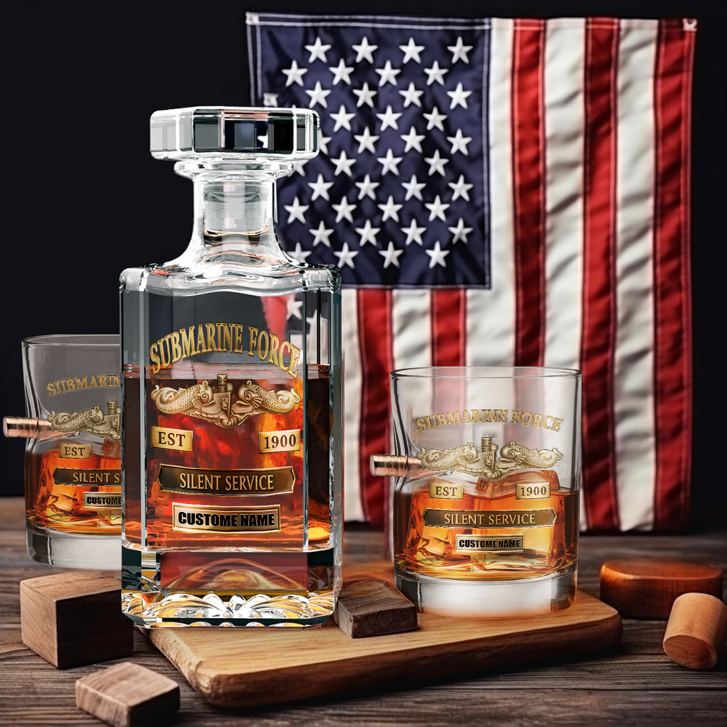 Personalizable Navy Submarine Bullet Whiskey Glass & Decanter Set