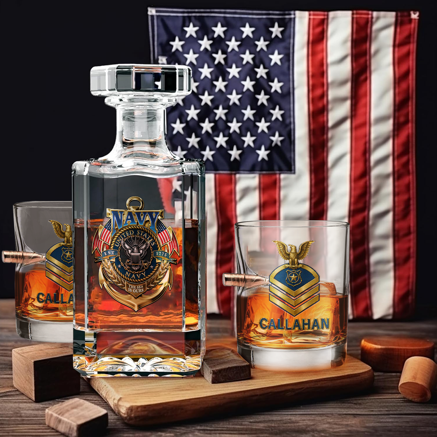 Personalizable Navy Submarine Bullet Whiskey Glass & Decanter Set