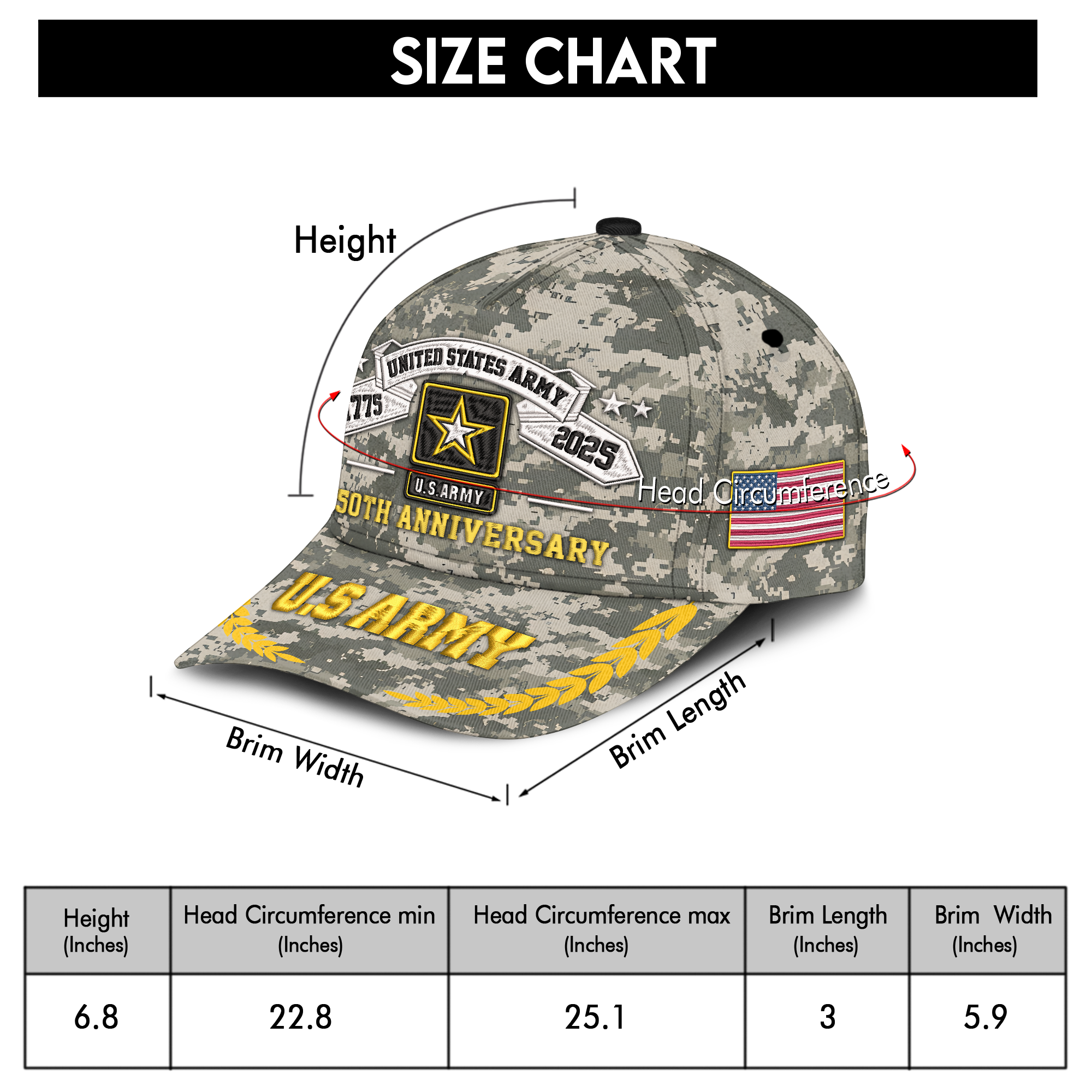 Army 250th Anniversary Embroidered & Printed Cap
