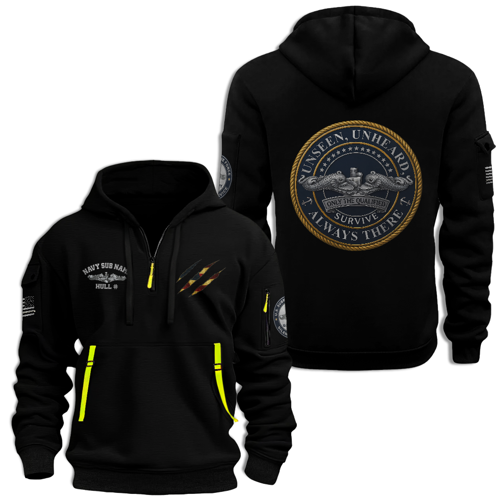 Personalizable Navy Submarine Unseen Unheard Quarter Zip Hoodie